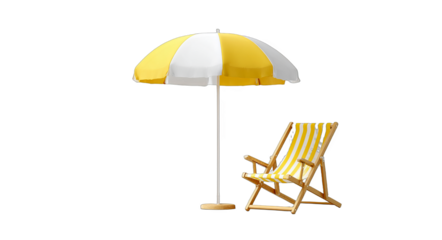 A yellow and white beach umbrella paired with a striped deck chair, ideal for outdoor summer relaxation by the seaside.