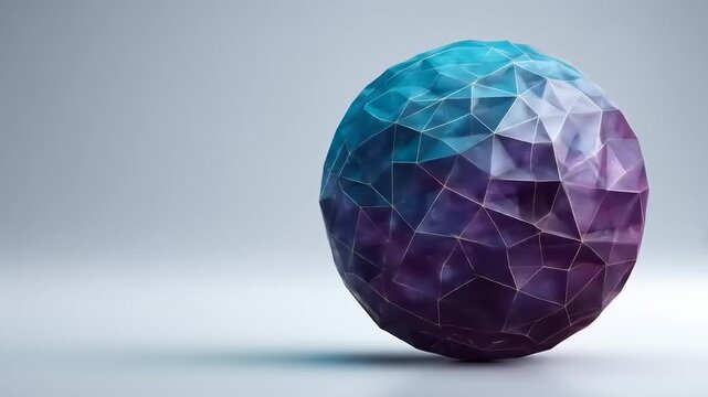 A faceted, abstract 3D sphere gradients from teal to purple on a light background