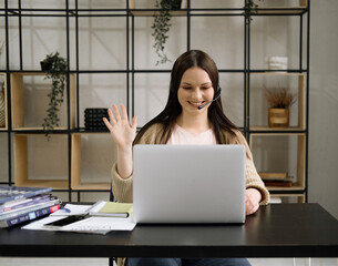 Business Lady Using Laptop Smiling To Camera Posing Working Sitting At Workplace In Modern Office.