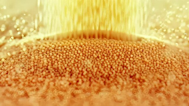 Close-up of golden grains pouring into a textured surface, creating a dynamic scene
