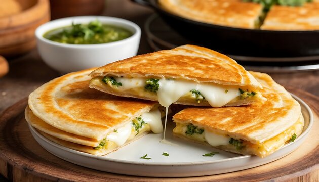 Savory quesadillas filled with gooey melted cheese and green spinach, served on a white plate with pesto sauce in the background - Powered by Adobe