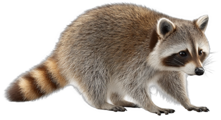 A raccoon with brown and black fur is depicted standing on a white background, showcasing its distinctive striped tail and typical facial markings.