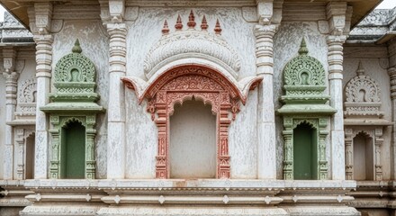 Obraz premium An ornate architectural facade featuring intricate carvings, detailed arches, and vibrant green and red accents, showcasing cultural craftsmanship and historical significance