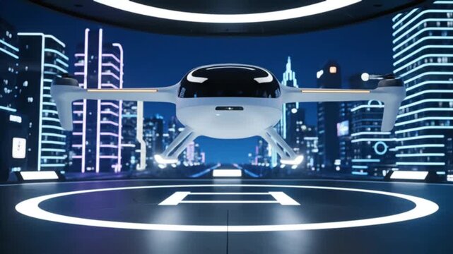Futuristic Autonomous Drone on Modern Landing Pad with Neon Lit Smart City Skyline at Night - Future Urban Air Mobility Technology  Transportation