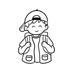 Smiling Boy with Backpack and Cap Going to School Line Art