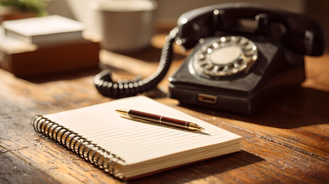 A vintage black rotary telephone and notepad on a rustic wooden desk. 