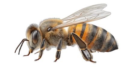 Close-up detailed illustration shows a honeybee with striped body, transparent wings, and visible anatomical features.