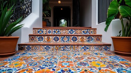 A tiled stair with a plant in the background
