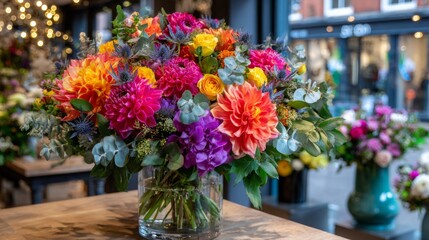 Bright and colorful flower arrangement in a shop with various blooms and greenery displayed on a wooden table
