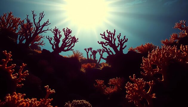 Intricate silhouettes of diverse coral species against a bright backdrop,  marine,  underwater world