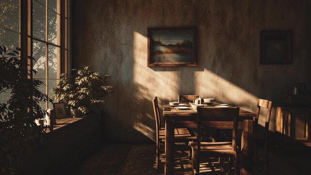 A table with four chairs and a potted plant in front of it. The table is empty. Simple dining area, modest furniture, warm cozy lighting, sense of contentment, simple living after retirement