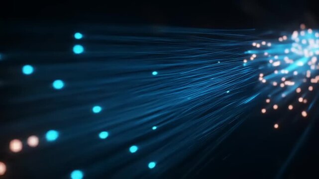 Abstract close-up of glowing blue fiber optic strands with scattered points of light