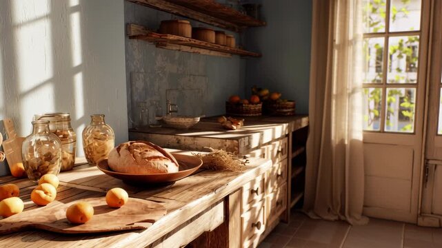 A table with a basket of bread and a bowl of oranges. Simple kitchen with natural wood table, freshly baked bread and fruit, calm everyday living, simple living after retirement