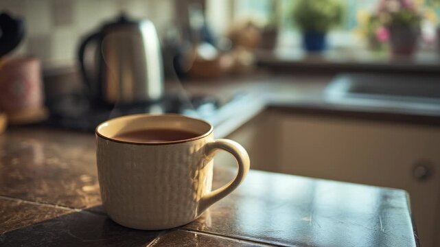 A white coffee cup with a handle sits on a counter. The cup is filled with tea. Simple morning routine, tea or coffee in ceramic mug, bright yet modest kitchen, frugal living for early retirement