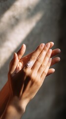 A woman ' s hand with a diamond ring