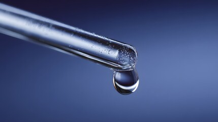 Clear liquid drop falls from glass tube against blue background.