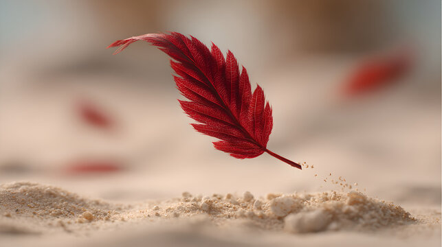A vibrant red leaf gently floats, suspended perfectly above soft, beige sand.
