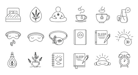 bedtime routine icons for promoting sleep including aromatherapy meditation and sleep diary perfect for illustrating healthy lifestyle tips