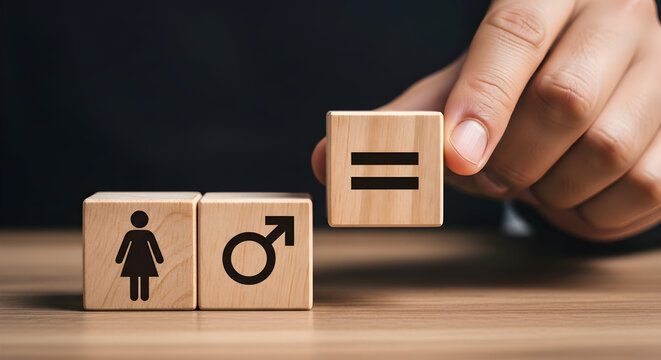 Promote gender equality with wooden blocks showing equal opportunity now