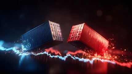 Two shipping containers clash over a glowing digital graph in darkness.