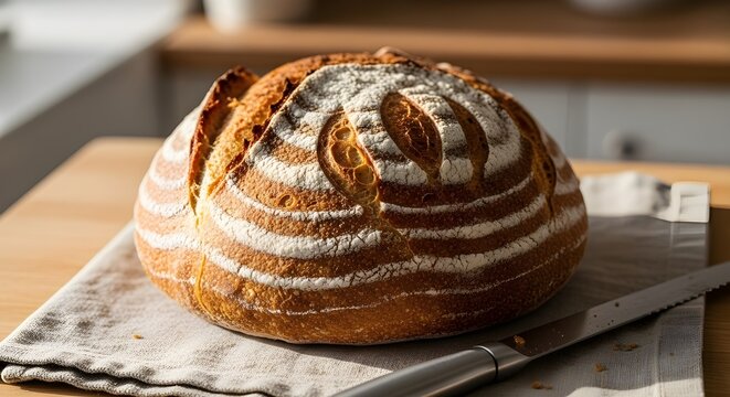 freshly baked rustic sourdough bread loaf kitchen