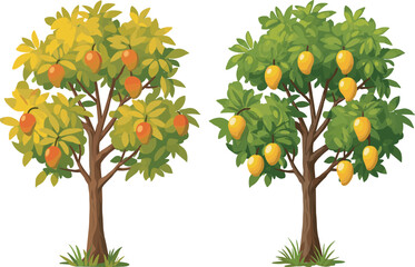 Two vibrant fruit trees with orange and yellow fruits, lush foliage, healthy trunks, tropical orchard scene, nature farming concept, ripe harvest season