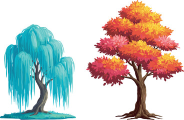 Weeping willow and autumn tree side by side, botanical contrast, seasonal foliage, nature diversity, landscape illustration, educational plant comparison, garden scene