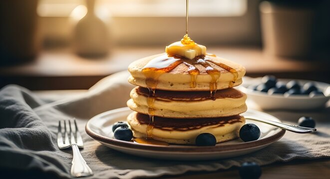 stack of fluffy pancakes maple syrup blueberries breakfast