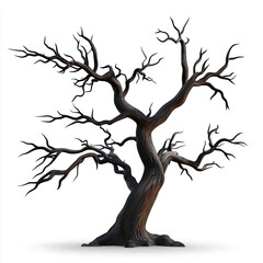 Obraz premium A skeletal, gnarled tree with dark, twisted branches against a white background.