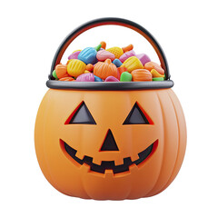 A colorful Halloween pumpkin filled with candy, isolated on a white background.