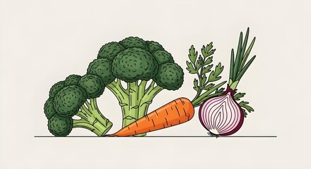 fresh healthy vegetables broccoli carrot onion illustration