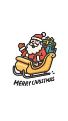 Obraz premium Cheerful cartoon illustration of Santa Claus in his sleigh, waving with bag of gifts, and text Merry Christmas below
