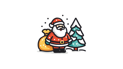 Obraz premium Santa Claus with big red sack of gifts stands joyfully next to decorated Christmas tree, surrounded by snowflakes