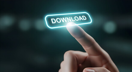 Fototapeta premium Finger presses glowing blue download button on futuristic interface