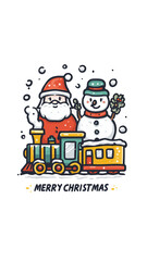 Fototapeta premium Festive illustration featuring Santa Claus and snowman standing beside colorful toy train, with snowflakes falling around them and words Merry Christmas below