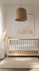 A baby ' s room with a cribe and a large picture of a wheat