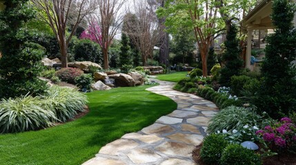 Obraz premium Lush garden with stone path and vibrant flowers in a sunny, serene outdoor setting