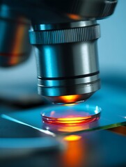 Close Up Microscope Lens Glowing Petri Dish Science Laboratory