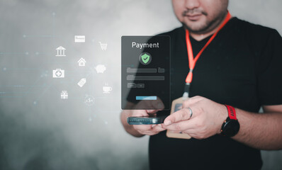 An officer uses mobile payment authentication on a laptop for secure online shopping transaction, completing digital banking with smartphone verification and account protection.