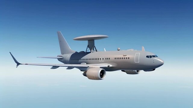 AWACS Airborne Warning and Control System military radar airplane flying in a blue sky background. Modern military jet airplane.