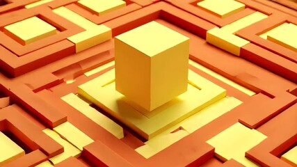 Abstract geometric design featuring a central yellow cube on an orange background - Powered by Adobe