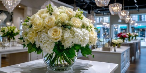 Elegant white floral arrangement in a chic boutique setting with chandeliers and decorative displays