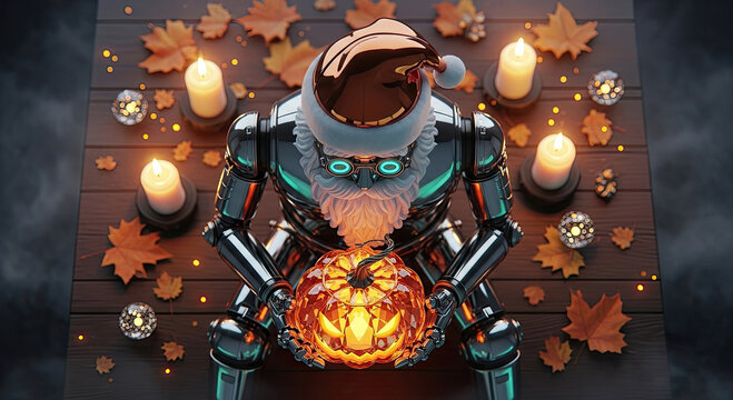 Festive robot Santa holding glowing pumpkin, autumn leaves and candles create a spooky holiday scene