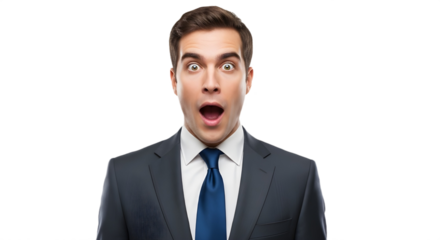 Professional man reacting with extreme surprise and amazement to unexpected financial or business news isolated PNG with Transparent Background