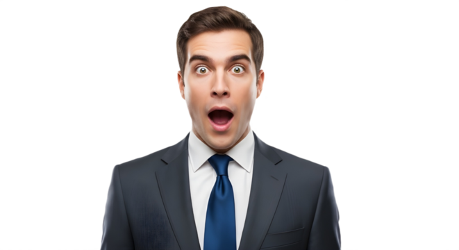 Professional man reacting with extreme surprise and amazement to unexpected financial or business news isolated PNG with Transparent Background