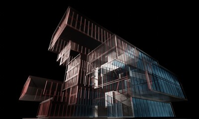View of structure wireframe modern office building 3d rendering wallpaper background