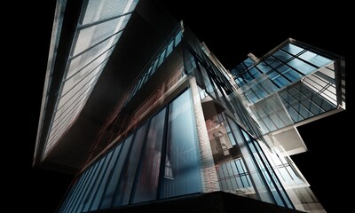 Abstract office building wireframe render on a black scene 3d architectural wallpaper background