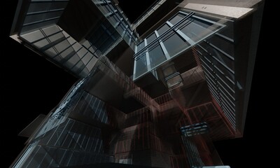 Office block building render on a black scene 3d rendering architectural wallpaper background