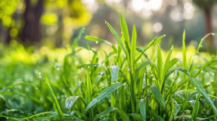 dewdrops. Vibrant spring garden with golden sunlight filtering through trees and glistening dewdrops on lush green grass. travel magazines.