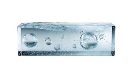 A transparent rectangular container filled with water and containing several bubbles, showcasing liquid and gas interaction.